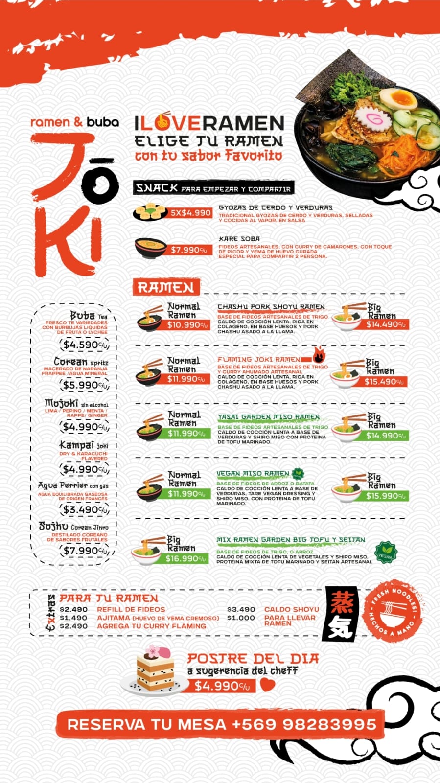 Carta ilustrada de ramen y bebidas de Joki