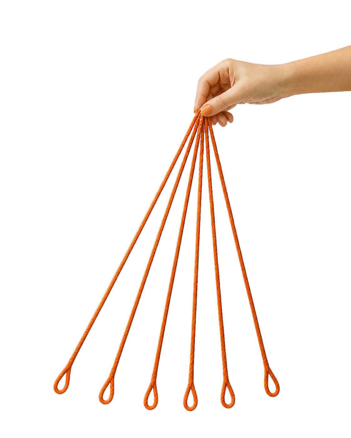 Mano sosteniendo seis correas naranjas